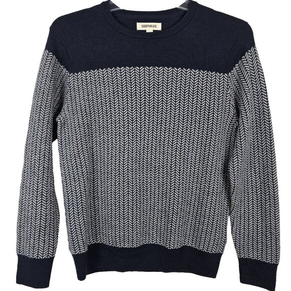 Grandpacore Dad M Normcore Knit Chevron Navy Gray Wool Blend Sweater Work Office - Picture 1 of 16